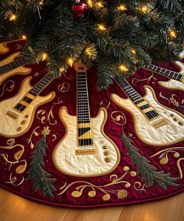 Ivory Guitars & Music Notes Christmas Tree Skirt — Custom Handmade Elegant Music-Themed Holiday Skirt With Timeless Appeal