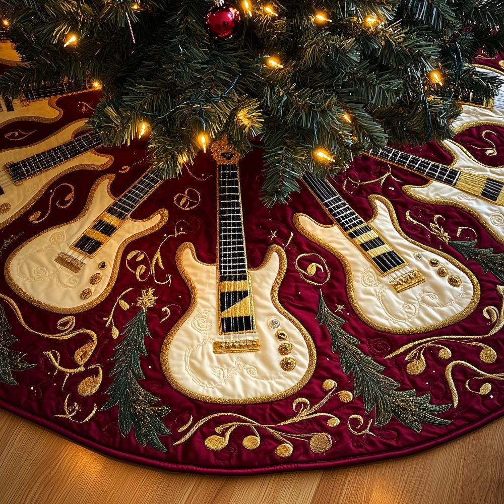 Ivory Guitars & Music Notes Christmas Tree Skirt — Custom Handmade Elegant Music-Themed Holiday Skirt With Timeless Appeal