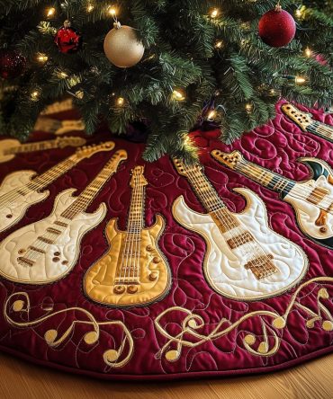 Berry Red Tree Skirt With Gold Guitar Trio — Lux Handmade Holiday Skirt, Custom Sizing For Musicians & Festive Interiors