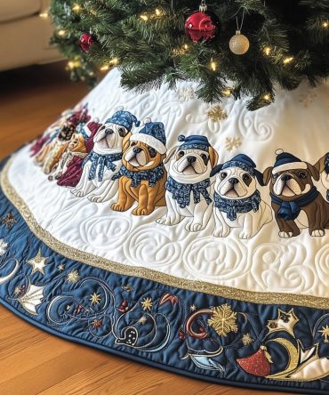 Blue-Hatted & Scarved Bulldog Tree Skirt — Custom Handmade Holiday Decor With Cheerful Dogs, Perfect For Pet Lovers