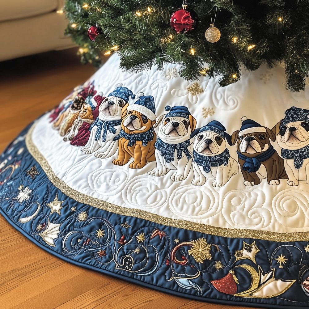 Blue-Hatted & Scarved Bulldog Tree Skirt — Custom Handmade Holiday Decor With Cheerful Dogs, Perfect For Pet Lovers