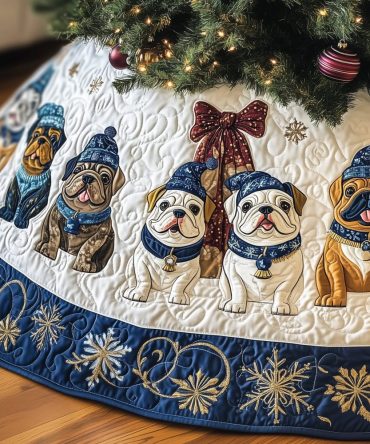 Snowflake-Edged Tree Skirt With Festive Bulldogs — Custom Handmade Christmas Skirt, Winter Pet Decor For Bulldog Fans