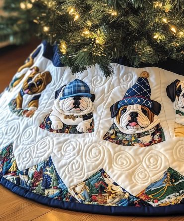 Patchwork Holiday Tree Skirt With Plaid-Hat Bulldogs — Custom Handmade Festive Skirt, Cute Gift For Dog & Bulldog Lovers
