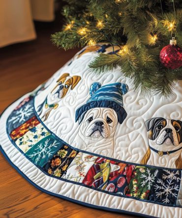 Cozy Patch Rim Tree Skirt With Knit-Hat Bulldogs — Custom Handmade Winter Holiday Skirt, Adorable Dog-Themed Decor