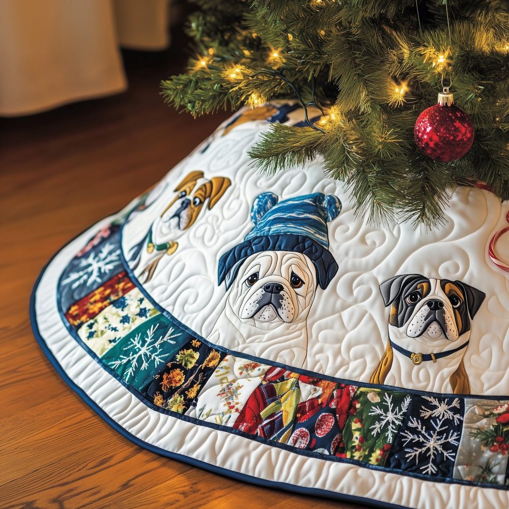 Cozy Patch Rim Tree Skirt With Knit-Hat Bulldogs — Custom Handmade Winter Holiday Skirt, Adorable Dog-Themed Decor