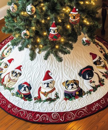 Bulldogs In Santa Hats On White Custom Christmas Tree Skirt — Handmade Festive Skirt For Dog Lovers, Soft Winter Look