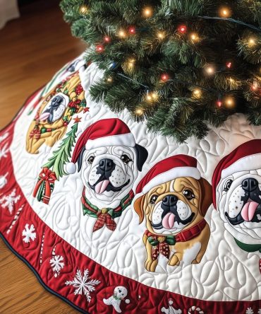 Snow-Trim Bulldogs Christmas Tree Skirt — Custom Made-To-Order Holiday Skirt With Festive Canine Design On Snow Rim
