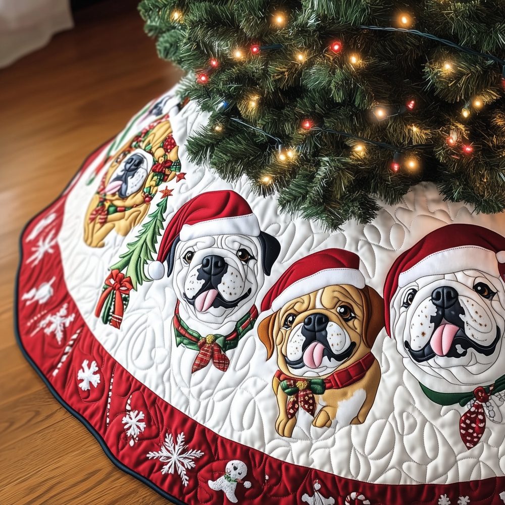 Snow-Trim Bulldogs Christmas Tree Skirt — Custom Made-To-Order Holiday Skirt With Festive Canine Design On Snow Rim