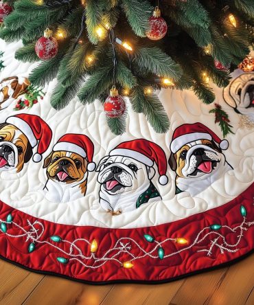 Bulldog Faces In Santa Hats Christmas Tree Skirt — Custom Handmade Festive Pet Lover’S Tree Skirt With Cheerful Canines