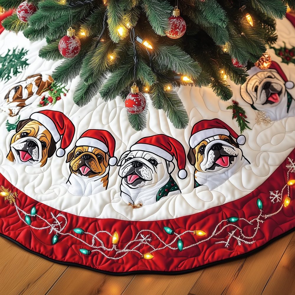 Bulldog Faces In Santa Hats Christmas Tree Skirt — Custom Handmade Festive Pet Lover’S Tree Skirt With Cheerful Canines