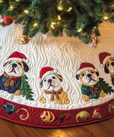 Fairy Light Hem Bulldogs Christmas Tree Skirt — Custom Handmade Holiday Skirt With Canine Motifs And Twinkling Border