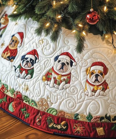 Ivory Quilted Bulldog Holiday Tree Skirt With Festive Hats — Custom Handmade Canine Christmas Skirt For Pet-Friendly Homes