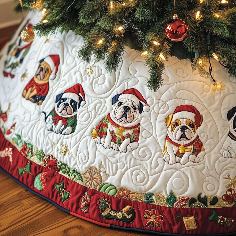 Ivory Quilted Bulldog Holiday Tree Skirt With Festive Hats — Custom Handmade Canine Christmas Skirt For Pet-Friendly Homes
