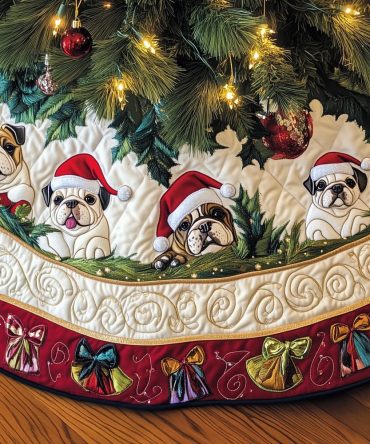 Festive Bulldogs Ribbon Border Christmas Tree Skirt — Custom-Made Holiday Skirt With Cute Canine Accent For Pet Lovers