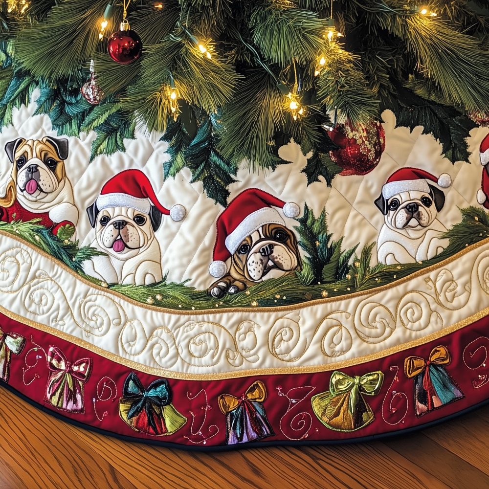Festive Bulldogs Ribbon Border Christmas Tree Skirt — Custom-Made Holiday Skirt With Cute Canine Accent For Pet Lovers