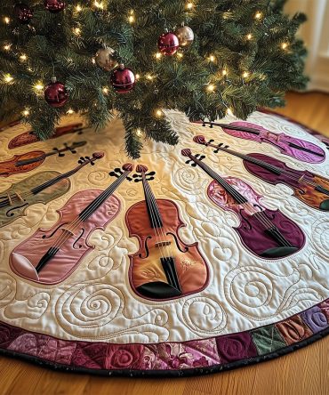 Pastel Pink & White Violin Tree Skirt — Soft Handmade Christmas Skirt, Custom-Made Holiday Accent For Music Lovers