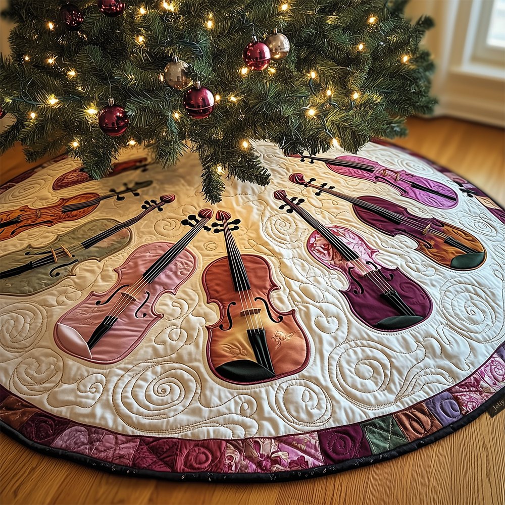 Pastel Pink & White Violin Tree Skirt — Soft Handmade Christmas Skirt, Custom-Made Holiday Accent For Music Lovers