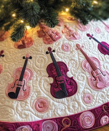 Blush Pink Tree Skirt With Berry-Colored Violin Pattern — Custom Handmade Holiday Decor, Perfect Gift For Musicians