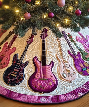 Vibrant Purple & Pink Electric Guitar Tree Skirt — Custom Handmade Rock Music Christmas Decor For Guitarists