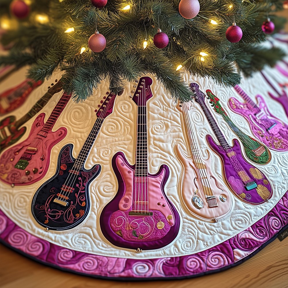 Vibrant Purple & Pink Electric Guitar Tree Skirt — Custom Handmade Rock Music Christmas Decor For Guitarists