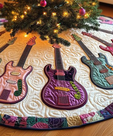 Pink & Purple Guitar Trio Holiday Tree Skirt — Custom Handmade Music-Themed Christmas Skirt For Modern Festive Decor