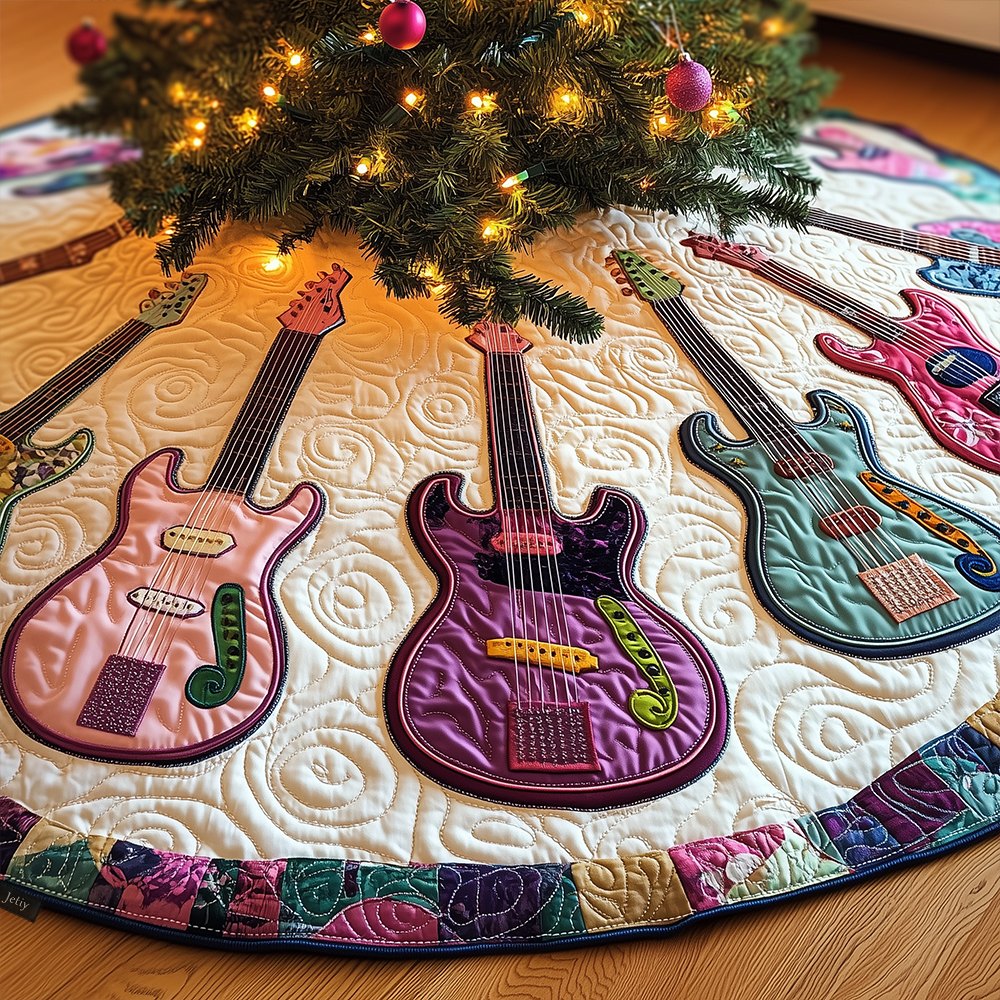 Pink & Purple Guitar Trio Holiday Tree Skirt — Custom Handmade Music-Themed Christmas Skirt For Modern Festive Decor