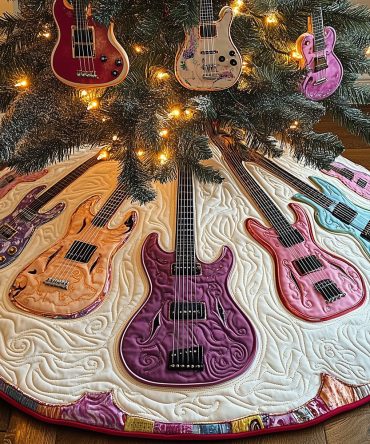 Pastel Floral & Guitar Christmas Tree Skirt — Soft Pastel Guitars On Floral Hem, Custom Handmade Holiday Skirt
