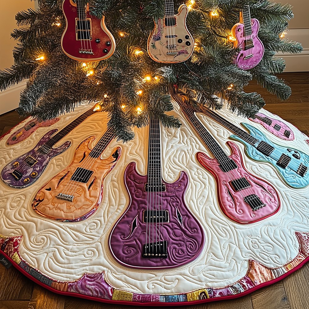 Pastel Floral & Guitar Christmas Tree Skirt — Soft Pastel Guitars On Floral Hem, Custom Handmade Holiday Skirt