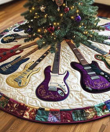 Violet Guitars On Cream Holiday Tree Skirt — Handmade Custom Christmas Skirt For Musicians & Elegant Seasonal Decor