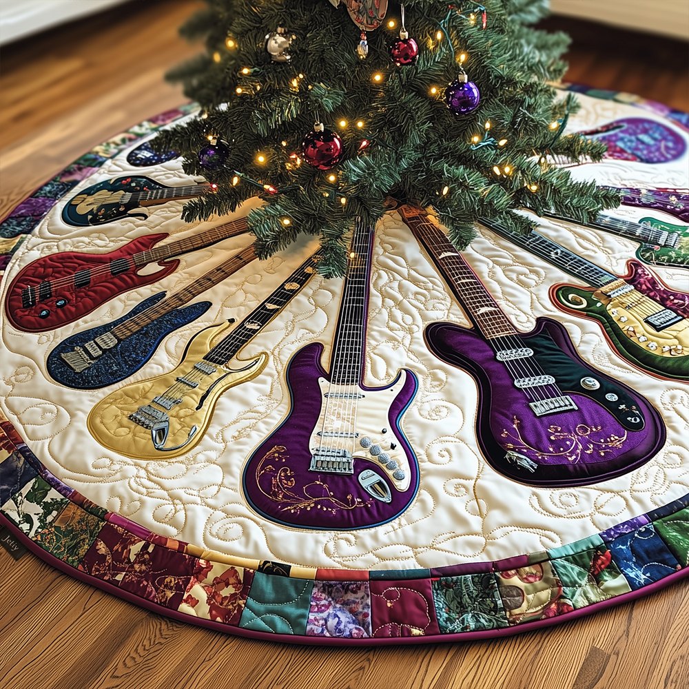 Violet Guitars On Cream Holiday Tree Skirt — Handmade Custom Christmas Skirt For Musicians & Elegant Seasonal Decor