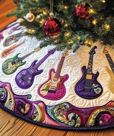 Handmade Purple Paisley Guitar Christmas Tree Skirt — Custom Made-To-Order Musician Holiday Tree Skirt, Perfect Fit