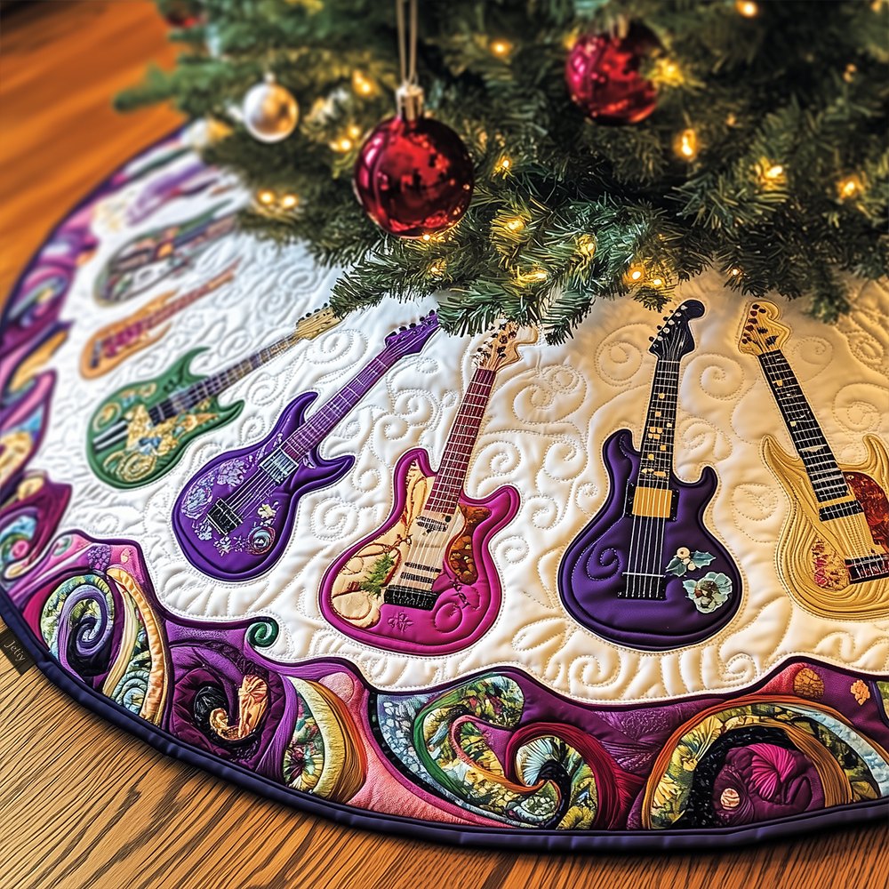 Handmade Purple Paisley Guitar Christmas Tree Skirt — Custom Made-To-Order Musician Holiday Tree Skirt, Perfect Fit