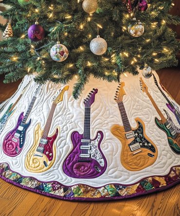 Snow-White Christmas Tree Skirt With Purple Guitar Fan Design — Custom Handcrafted Holiday Skirt For Guitar Lovers, Made To Order