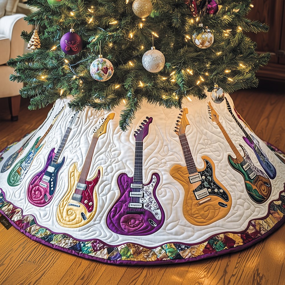 Snow-White Christmas Tree Skirt With Purple Guitar Fan Design — Custom Handcrafted Holiday Skirt For Guitar Lovers, Made To Order