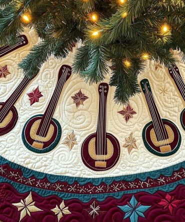 Teal Star-Border Christmas Tree Skirt With Banjo Accents — Handcrafted Custom Holiday Skirt For Folk Music Lovers, Made To Order