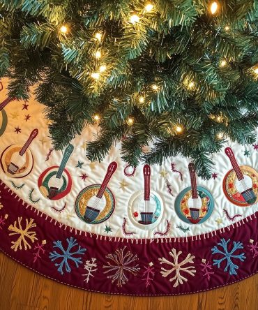 Wine-Hem Snowflake Christmas Tree Skirt With Banjo Motifs — Handcrafted Folk & Bluegrass Holiday Skirt, Custom Made To Order