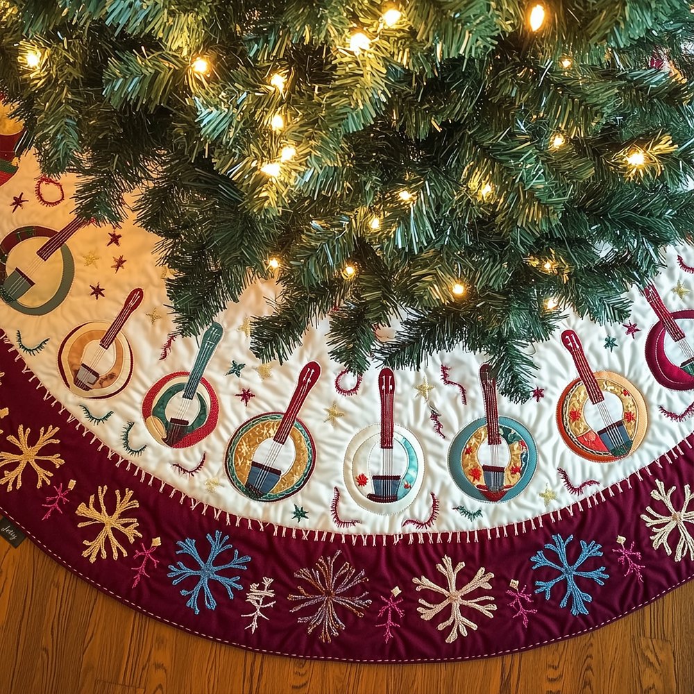 Wine-Hem Snowflake Christmas Tree Skirt With Banjo Motifs — Handcrafted Folk & Bluegrass Holiday Skirt, Custom Made To Order