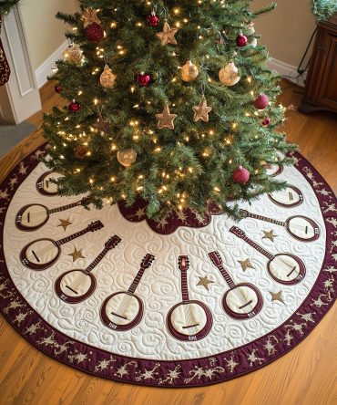 Ivory Christmas Tree Skirt With Banjo Circle Motif — Elegant Handcrafted Custom Holiday Skirt For Banjo Enthusiasts, Made To Order