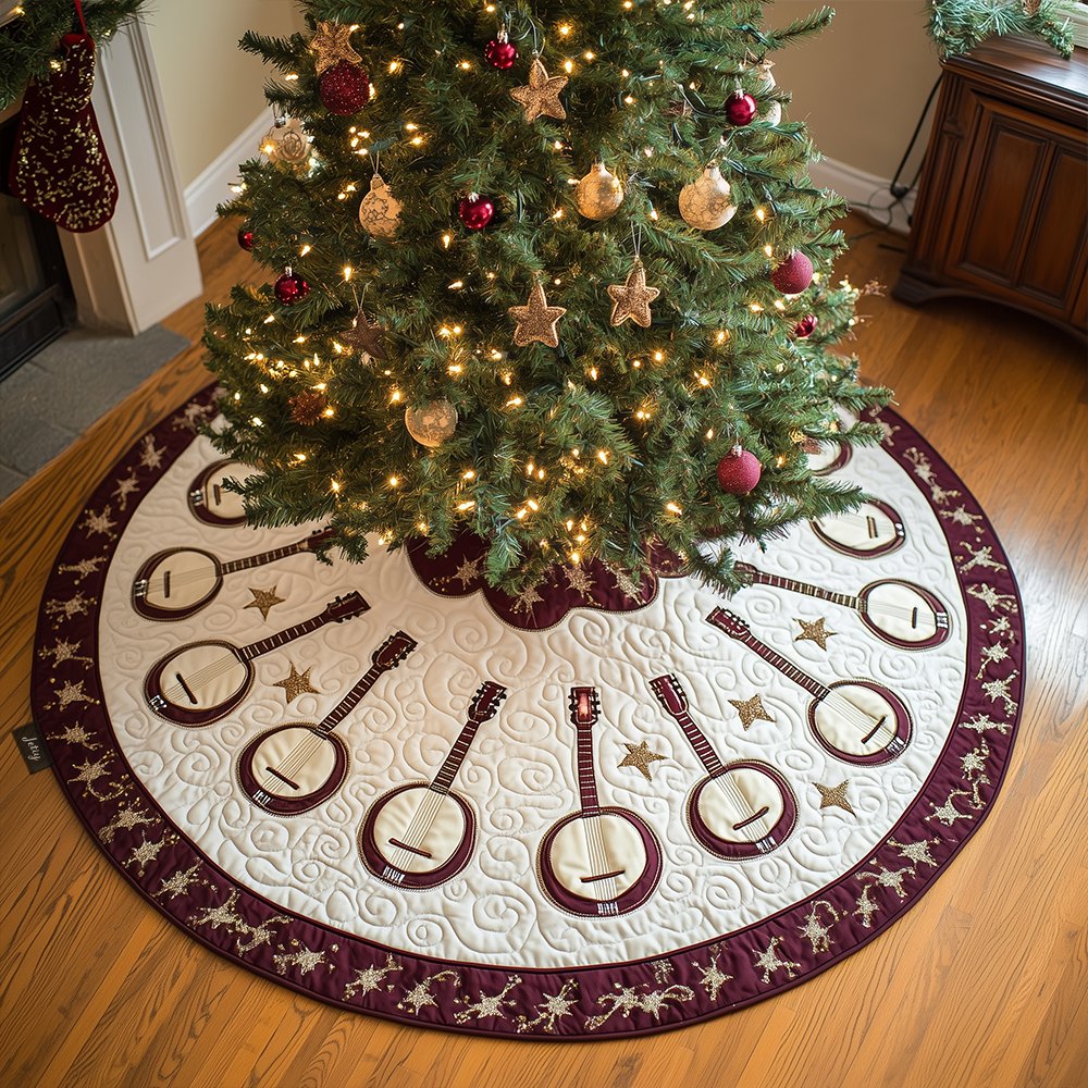 Ivory Christmas Tree Skirt With Banjo Circle Motif — Elegant Handcrafted Custom Holiday Skirt For Banjo Enthusiasts, Made To Order