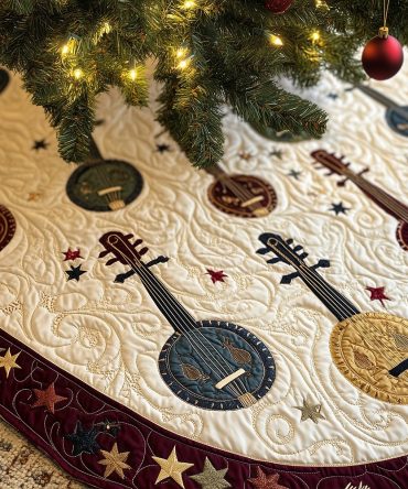 Star-Hem Christmas Tree Skirt With Banjo Ring Design — Handcrafted Custom Holiday Skirt For Folk Musicians And Music Lovers, Made To Order