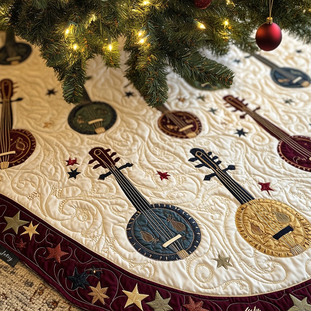 Star-Hem Christmas Tree Skirt With Banjo Ring Design — Handcrafted Custom Holiday Skirt For Folk Musicians And Music Lovers, Made To Order