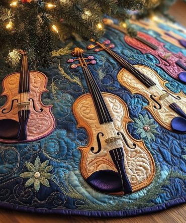 Blue Daisy Tree Skirt With Golden Violin Details — Luxury Handmade Christmas Skirt, Custom Fit For Music Homes