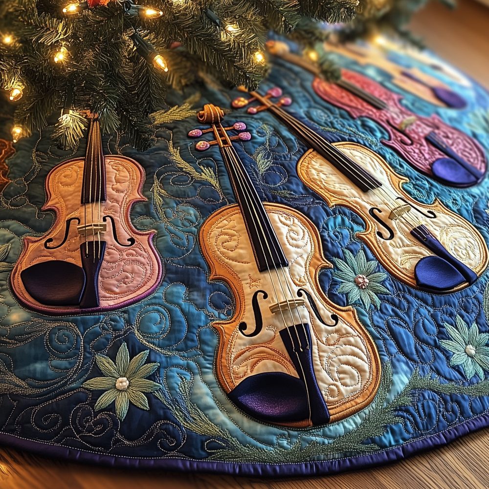 Blue Daisy Tree Skirt With Golden Violin Details — Luxury Handmade Christmas Skirt, Custom Fit For Music Homes