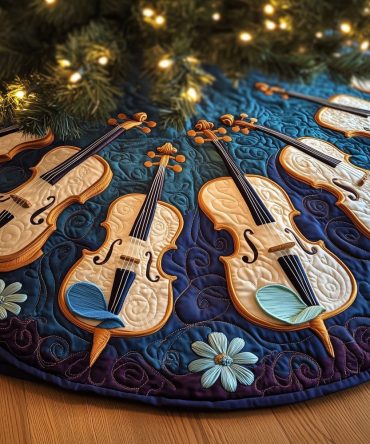 Deep Blue Musician Tree Skirt With Violin & Cello Artwork — Custom Made Holiday Decor For String Instrument Lovers