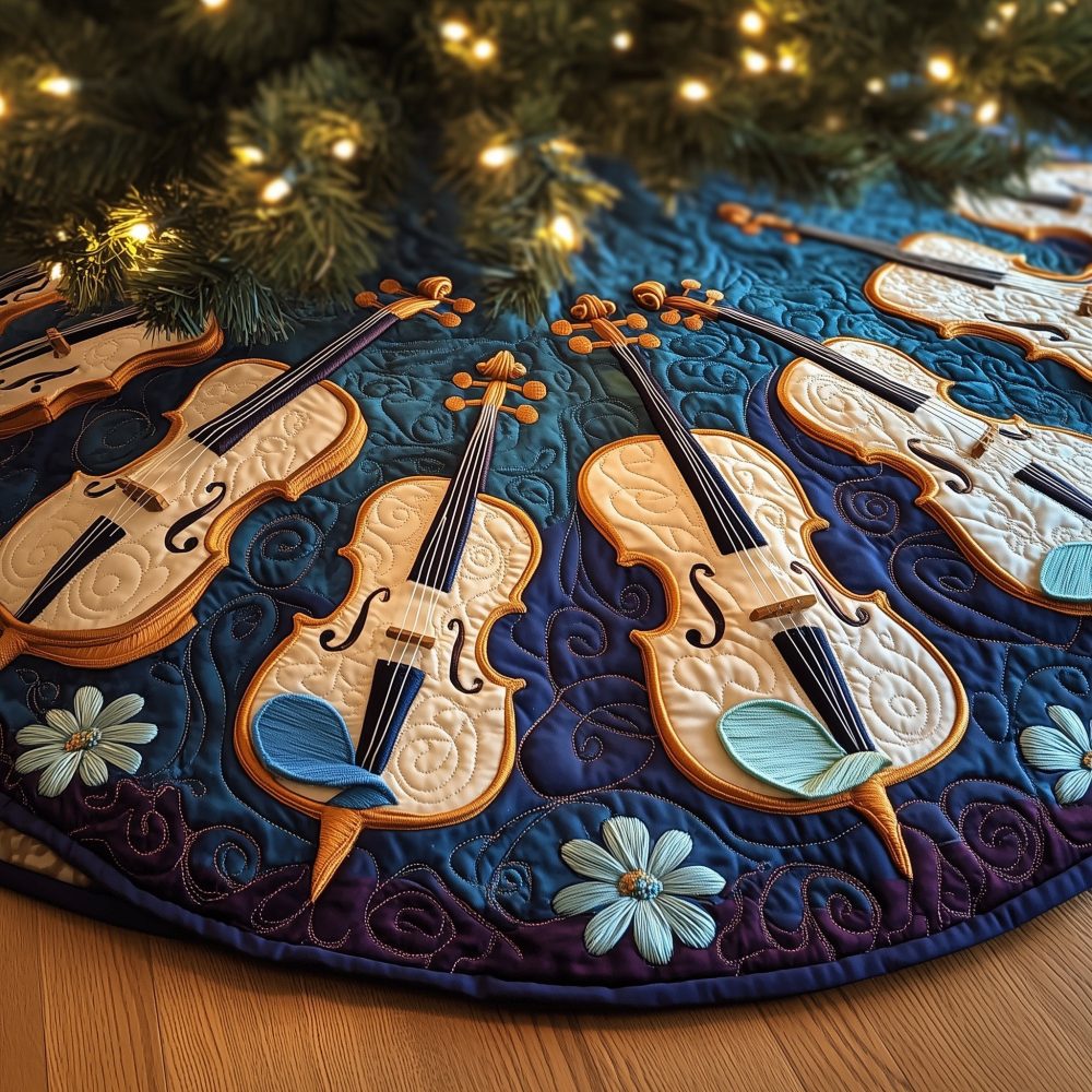 Deep Blue Musician Tree Skirt With Violin & Cello Artwork — Custom Made Holiday Decor For String Instrument Lovers