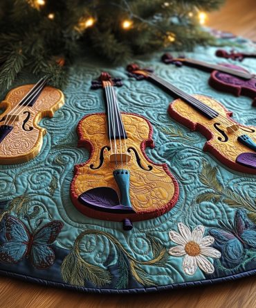 Teal & White Daisy Tree Skirt Featuring Playful Violin Motifs — Custom Handmade Christmas Decor For Music Lovers