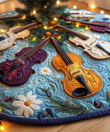 Sky Blue Daisy Tree Skirt With Amber Violin Accents — Custom Handmade Holiday Skirt For Orchestra & Music Enthusiasts