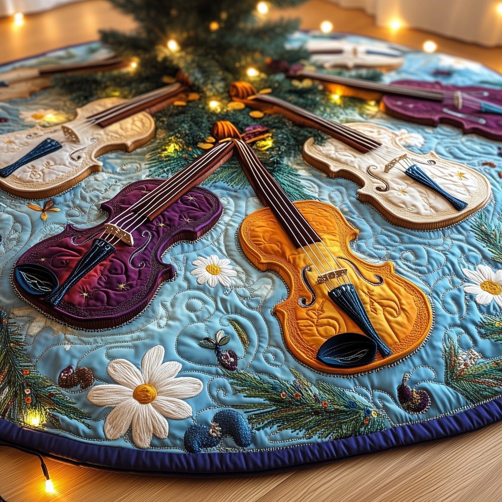 Sky Blue Daisy Tree Skirt With Amber Violin Accents — Custom Handmade Holiday Skirt For Orchestra & Music Enthusiasts