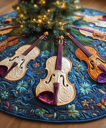 Royal Blue Floral Tree Skirt With Sophisticated Violin Prints — Custom Holiday Tree Accent For Musicians
