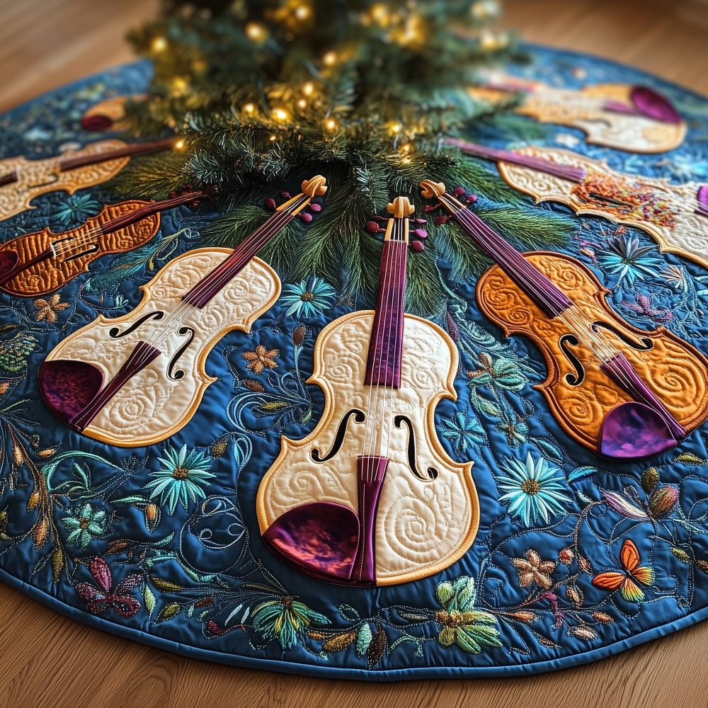 Royal Blue Floral Tree Skirt With Sophisticated Violin Prints — Custom Holiday Tree Accent For Musicians